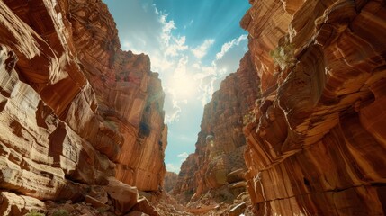 A narrow canyon with towering red rock formations under a bright blue sky. Sunlight streams down, illuminating the rocky landscape.