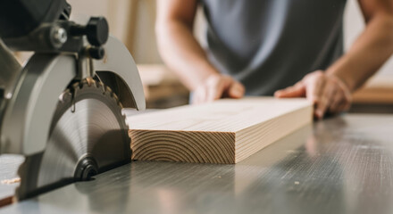 Carpenter using a circular saw to cut a piece of wood in a workshop with safety equipment present