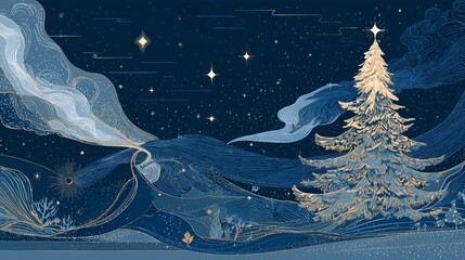 A Serene Winter Night: Starry Sky Above a Majestic Snow-Covered Tree Surrounded by Whimsical Swirls and Celestial Elements
