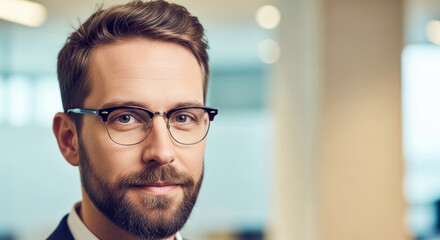 Close up of a man with a beard and glasses looking at the camera in a bright modern office setting