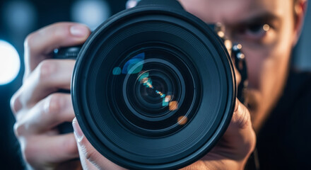Close up of a photographer holding a camera with a large lens in focus and a blurred face behind it