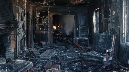 Naklejka premium A burned interior of a house shows charred walls, blackened furniture, and debris scattered on the floor. The scene conveys the aftermath of a fire disaster.