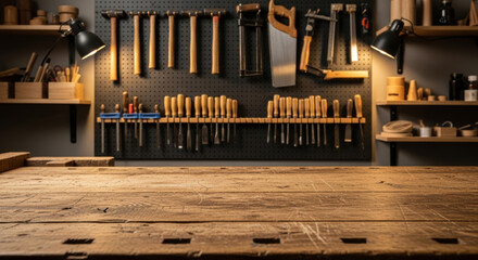 Close up of a workbench with tools hanging on the wall in a dimly lit workshop setting