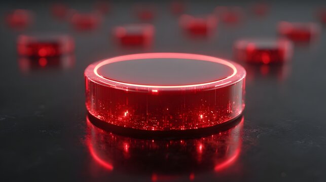 Glowing red circular elements rest upon a dark, reflective surface in a focused composition