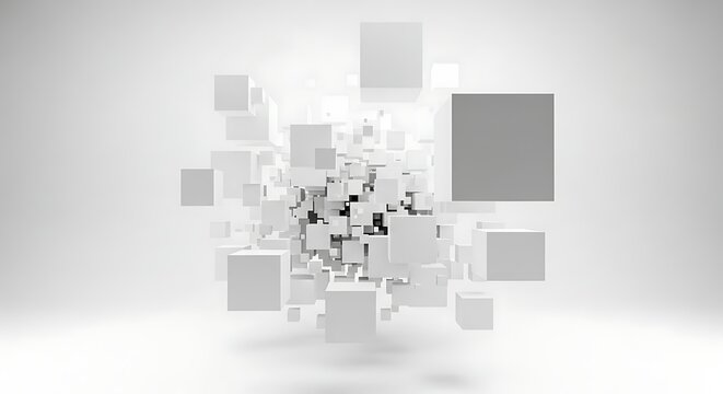 Cluster of white and gray cubes floating in a bright white space abstract geometric