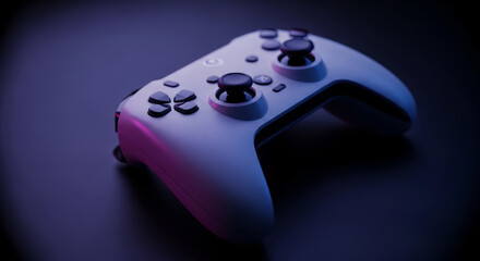 Close up shot of a white gaming controller with black buttons on a dark purple surface in dim lighting