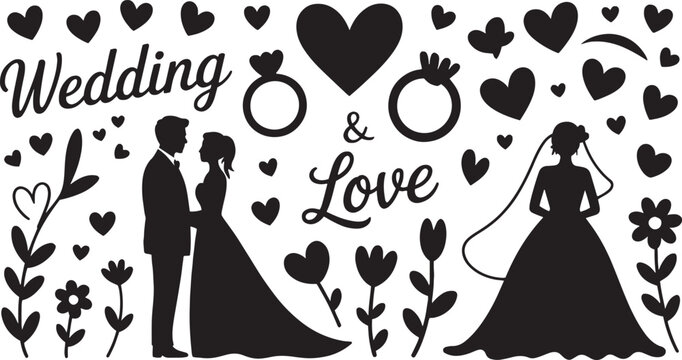 Black silhouette wedding couple hearts rings flowers and text Wedding Love bride groom