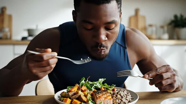 Man savoring meal with fork and knife, expertly cutting into salad on one plate while enjoying main course with utensils only on another, capturing relatable concept of appreciating simple.