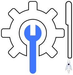 Gear with central wrench representing machinery, teamwork, and repair. Rocket design conveying innovation. Ideal for engineering, maintenance, technology, progress, solutions startup collaboration