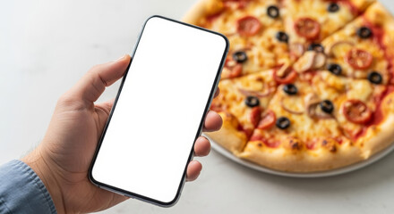 Hand holding phone with blank screen in front of pizza with pepperoni and black olives on table