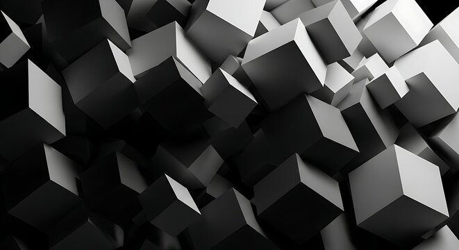 Abstract Background of Randomly Arranged 3D Cubes in Shades of Gray geometric