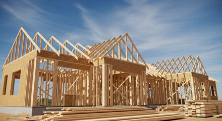 House under construction with wooden frame against a blue sky on a sunny day in a construction site