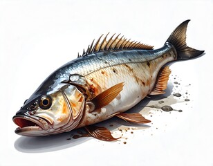 A close-up of a fish on a white backdrop, displaying detailed scales and fins, with naturalistic coloring