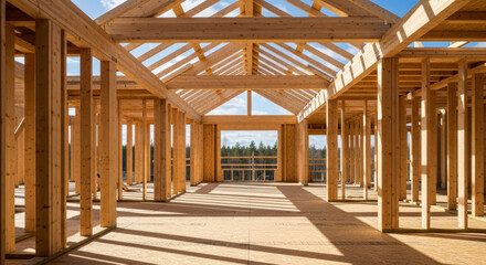 Interior view of a house under construction with exposed wooden framing and a clear blue sky outside