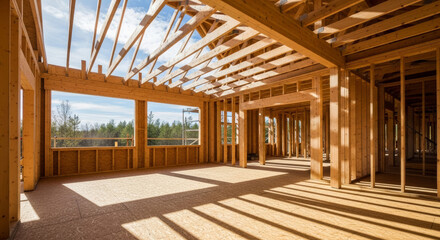 Interior framing of a house under construction with timber beams and a view of trees and sky