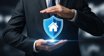 Man in suit holding a house shield representing home insurance and protection with hands covering it