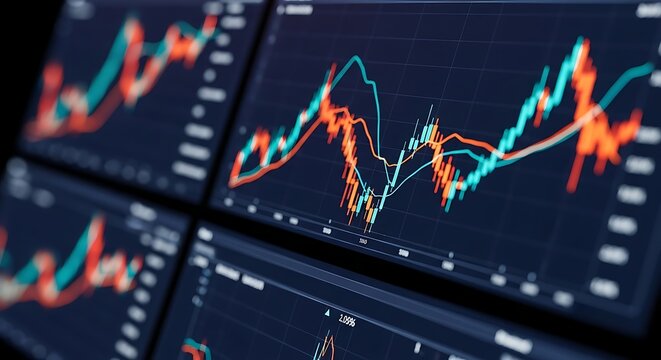 Multiple Screens Displaying Stock Market Trading Charts and Graphs finance