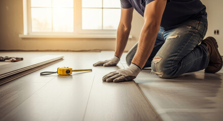Man kneeling installing laminate flooring with gloves and measuring tape in a bright room setting
