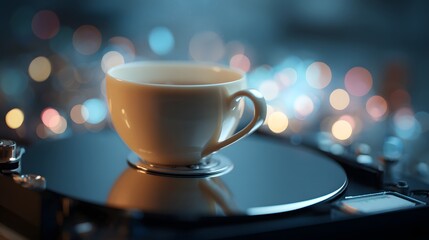 Ceramic beverage cup rests upon a reflective electronic platter with colorful soft lights in the background
