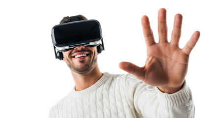 Man wearing a vr headset with his hand raised in a white background with a happy expression