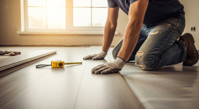 Man kneeling installing laminate flooring with gloves and measuring tape in a bright room setting