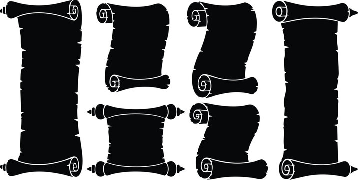 Vintage black parchment scrolls collection with curled edges in silhouette style vector illustration 