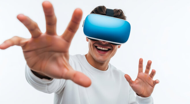 Man with virtual reality headset reaching out with open hands and a bright smile on a white background