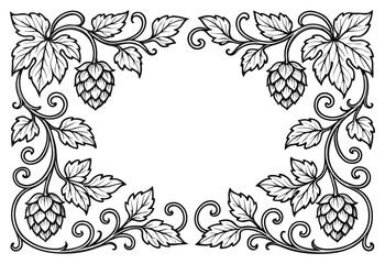 Decorative hops and vine frame, botanical vintage border illustration for labels or design. © KosaDesign