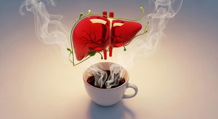 Translucent Human Liver Floating Above a Steaming Hot Coffee Cup