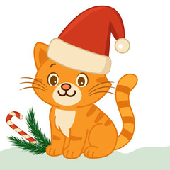  A ginger kitten wearing a Santa Claus hat and holding a lollipop