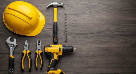 Overhead shot of construction tools including a hard hat, drill, and hammer on a wooden surface