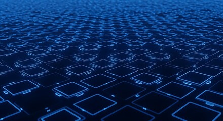 Abstract blue grid of glowing squares with perspective background