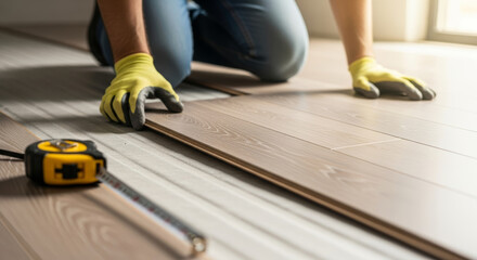 Person installing laminate flooring with a measuring tape and wearing yellow protective gloves indoors