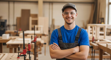 Portrait of a smiling carpenter with safety glasses in a woodworking shop with arms crossed