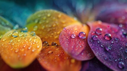 Fototapeta premium Vibrant Rainbow Petals with Water Droplets and Ethereal Bokeh