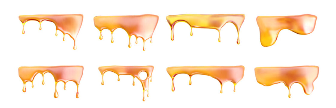 Melt oil caramel honey with gooey drip, flow background and vector syrup. Beekeeping splat or candy sticky texture. Yellow sweet pattern for dessert design.