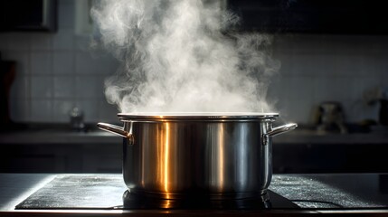 Stainless steel cooking pot releases visible steam while boiling liquid on a dark stovetop surface