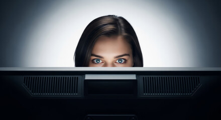 Woman with dark hair peering over a dark computer monitor in a brightly lit room with a white wall