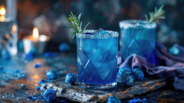 Scottish National Day horizontal banner featuring blue frosty cocktails decorated with blueberries and rosemary sprigs. Festive beverage concept, copy space, free space for text