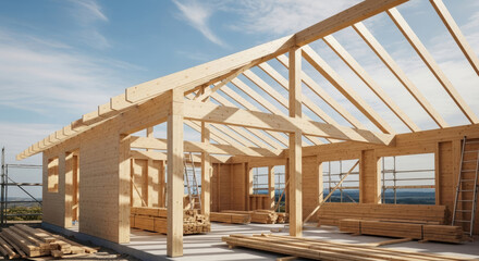 Wooden house construction framework under a blue sky with exposed beams and scaffolding structure outside