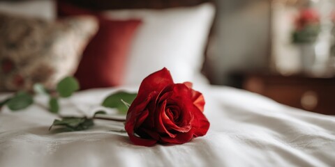A single red rose rests on a white duvet with pillows in the background