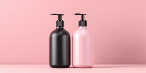 Two cosmetic pump bottles, one black and one pink, on a pink background