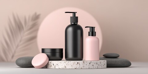 Cosmetic bottles and jar on display with natural elements