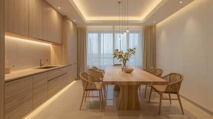 Fototapeta premium Modern dining area showcasing a light wood table and woven chairs, complemented by soft lighting and minimalist design for a stylish, cozy atmosphere