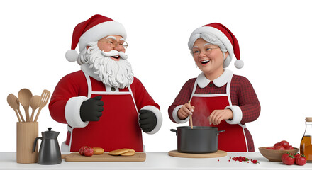 Santa and Mrs. Claus cooking together on white background, lively and heartwarming scene.