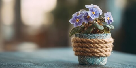 A small potted plant with delicate purple flowers sits on a table