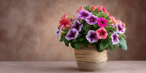 A beautiful potted plant with colorful flowers on a textured background