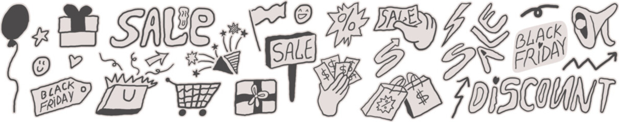 black friday sale set in hand drawn style in vector. Elements for decor banner label icons stickers