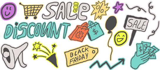 black friday sale set in hand drawn style in vector. Elements for decor banner label icons stickers