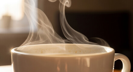 Enjoy a steaming cup of rich coffee, the perfect warm and comforting drink to start your day or cozy up with, offering a relaxing moment of bliss